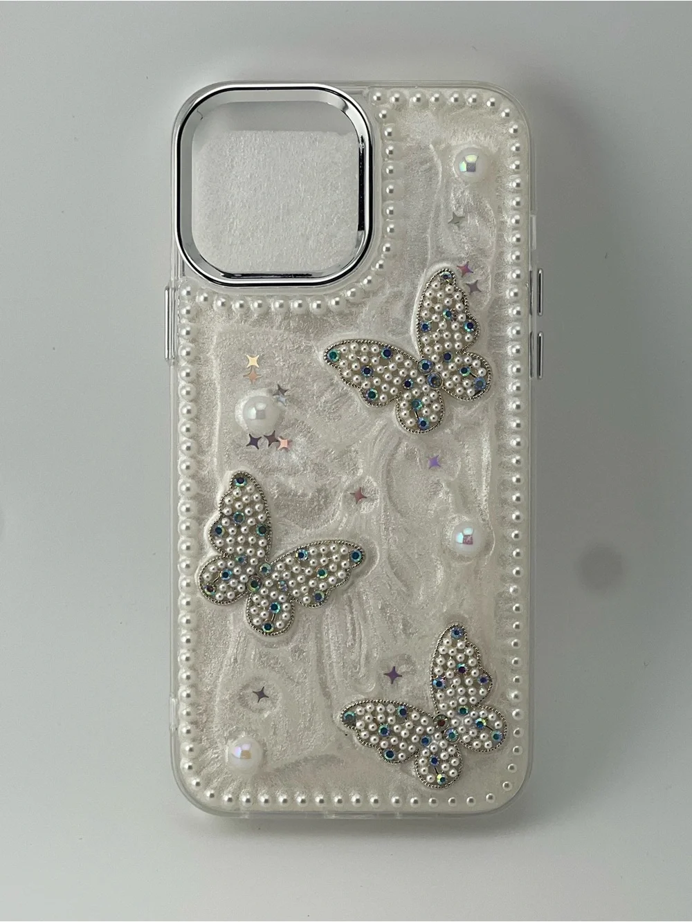 Stylish Pearl Butterfly Phone 13 pro max Case - White